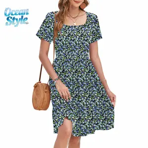 Womens Square Neck Dresses Ditsy Floral Print Short Sleeve A-Line Ruffle Empire Waist Sundress with Pockets  Shortsleeve SpringStatements