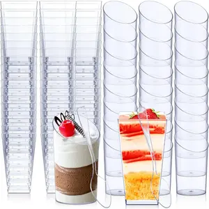 100 Pcs Mini Dessert Cups with Spoons-3 oz Square Plastic Appetizer Cups, 2.5 oz Slanted Round Parfait Shooter Cups, Small Clear Mousse Pudding Cups for Wedding, Baby Shower, Graduation Party