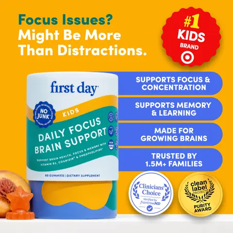 First Day Kids Focus Gummies Ages 4-12, Natural Peach Flavor — Cognizin Citicoline, Phosphatidylserine, Vitamin B3 — Focus, Memory, Learning, Brain Energy — Caffeine-Free, 30-Day Supply, Vegan, Non-GMO, Kosher, No Junk Dietary Healthy