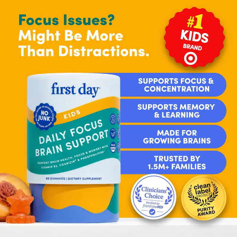 First Day Kids Focus Gummies Ages 4-12, Natural Peach Flavor — Cognizin Citicoline, Phosphatidylserine, Vitamin B3 — Focus, Memory, Learning, Brain Energy — Caffeine-Free, 30-Day Supply, Vegan, Non-GMO, Kosher, No Junk Dietary Healthy