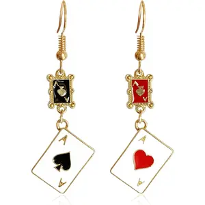 Unique Funny 18K Gold Plated Hypoallergenic Long Poker hearts and spades A Ace Playing Cards Dangle Drop Stud Earrings For Women Gambling Casino Jewelry Gift
