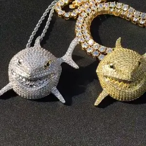 Hiphop Zirconia Cuban Necklace 6ix9ine Same Large Shark Pendant