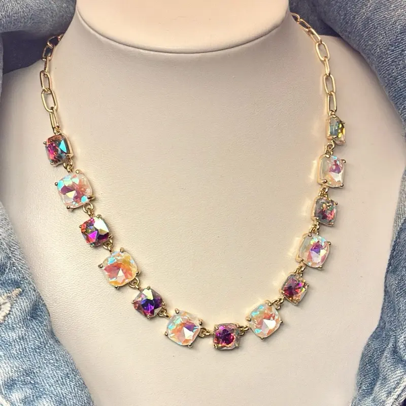 Rhinestone Decorated White AB Gemstone Necklace - Gold Chain, Adjustable Clasp, Crystal Accent Costume Jewelry Accessory, Rhinestone Decorated Necklace, Versatile Jewelry, Layering, Adjustable Fit, Chic Style