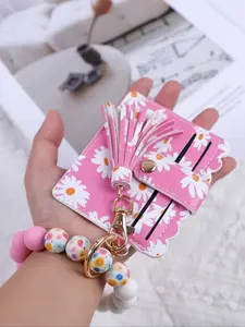 Cute Daisy Pattern Keychain Card Holder, Lightweight Mini Design, Colorful Beads, Perfect Gift for Mom Friend Birthday, Keychain Kawaii