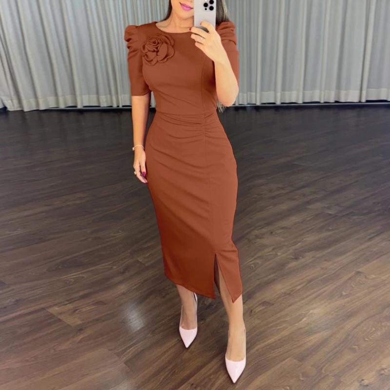 CHICME Women's Round Neck Puff Sleeve 3D Flower Decor Bodycon Dress/Women's Ruched Floral Bodycon Dress Casual Ruched Slit Midi Dress for Wedding Guest & Wedding Shortsleeve
