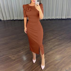 CHICME Women's Round Neck Puff Sleeve 3D Flower Decor Bodycon Dress/Women's Ruched Floral Bodycon Dress Casual Ruched Slit Midi Dress for Wedding Guest & Wedding Shortsleeve