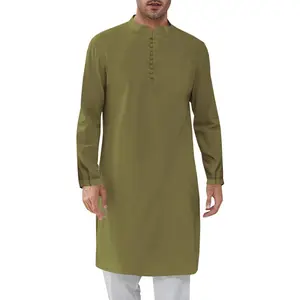 PASLTER Mens Kaftan Thobe Button Down Henley Shirts Robe Long Sleeve Casual Cotton Linen Muslim Gown Shirt