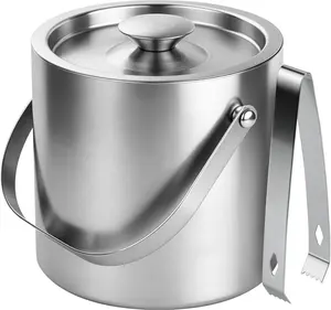 Stainless Steel Ice Bucket - 3L Double-Wall Insulated Ice Buckets for Parties with Lid & Tongs