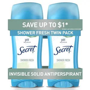 Secret Antiperspirant and Deodorant for Women, 24hr Sweat & Odor Protection, PH Balanced Protection, Gentle on Skin, Invisible Solid, Shower Fresh Scent, 2.6 oz (Pack of 2)