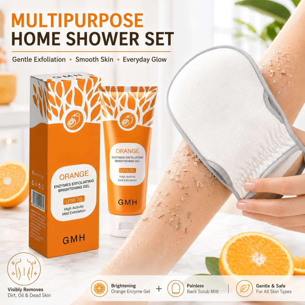 Household Shower Combo Kit, Orange Enzyme Exfoliator & Painless Fine Sand Back Scrub Gloves, Powerful Mud Removal Bath Furnishing Set