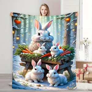 1 piece of comfortable forest-themed Easter flannel blanket with cute bunny and carrot pattern print, stylish, soft, warm, and a versatile gift blanket suitable for all seasons. Perfect for sofas, beds, offices, and travel, it is an ideal holiday or birth