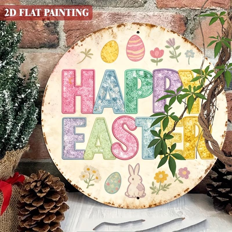 2D Round Iron Sign for Easter, Featuring 'Happy Easter' Design,Decorative Piece Is for Both Indoor and Outdoor Use, Making It Ideal for Homes, Restaurants, Cafes, Garages