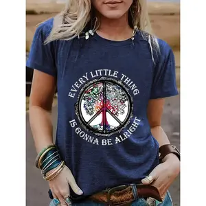 Women's Letter & Tree Print Round Neck Tee Fashion Casual Crew Neck T-Shirt for Daily Holiday Vacation Outdoor Wear Ladies Clothes for Summer