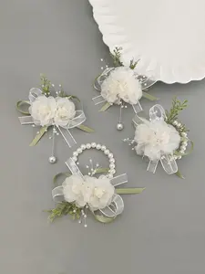 Simulation Chiffon Flower Crown Bridesmaid Pearl Bracelet, Fashionable Wedding Accessories for Bridesmaid, Wedding Party Decoration Supplies