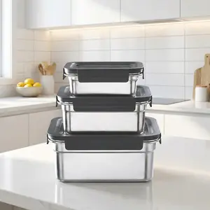 3Pcs 304 Stainless Steel Food Storage Containers with Lids, Leak-Proof Silicone Seal, Dishwasher Safe, Reusable Lunch Boxes for Meal Pre