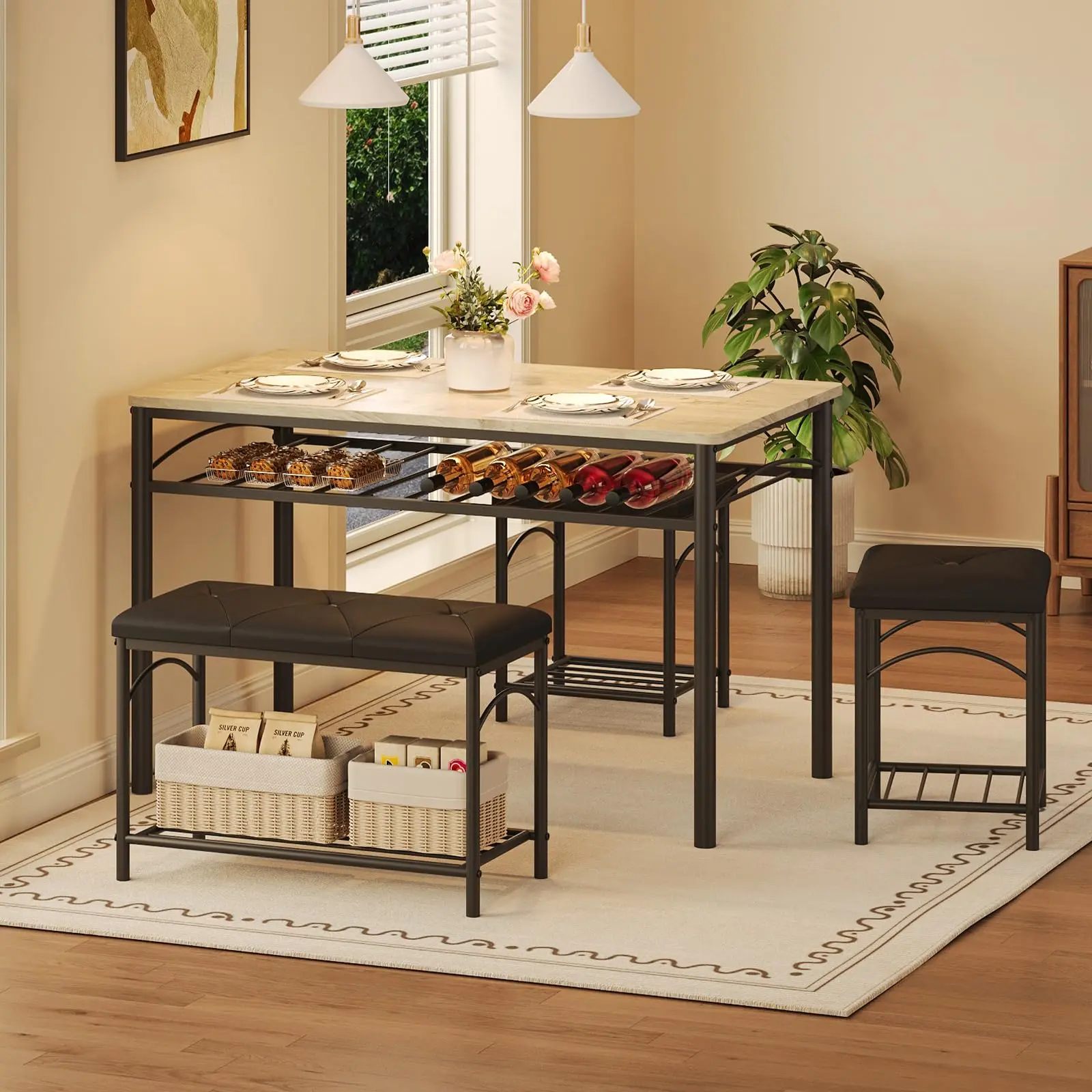 Garvee Juego de Mesa de Comedor para 4, Mesa de Cocina con Banco tapizado y 2 taburetes, Juego de Mesa de Cocina de 4 Piezas con Estante de Almacenamiento y Marco de Metal para Espacio pequeño, Mesa de