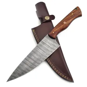 Handmade Damascus Chef Knife with Sheath, Professional chef knife – 7 Inch Blade, Twist Pattern, with Rose Wood Handle, convenient to carry