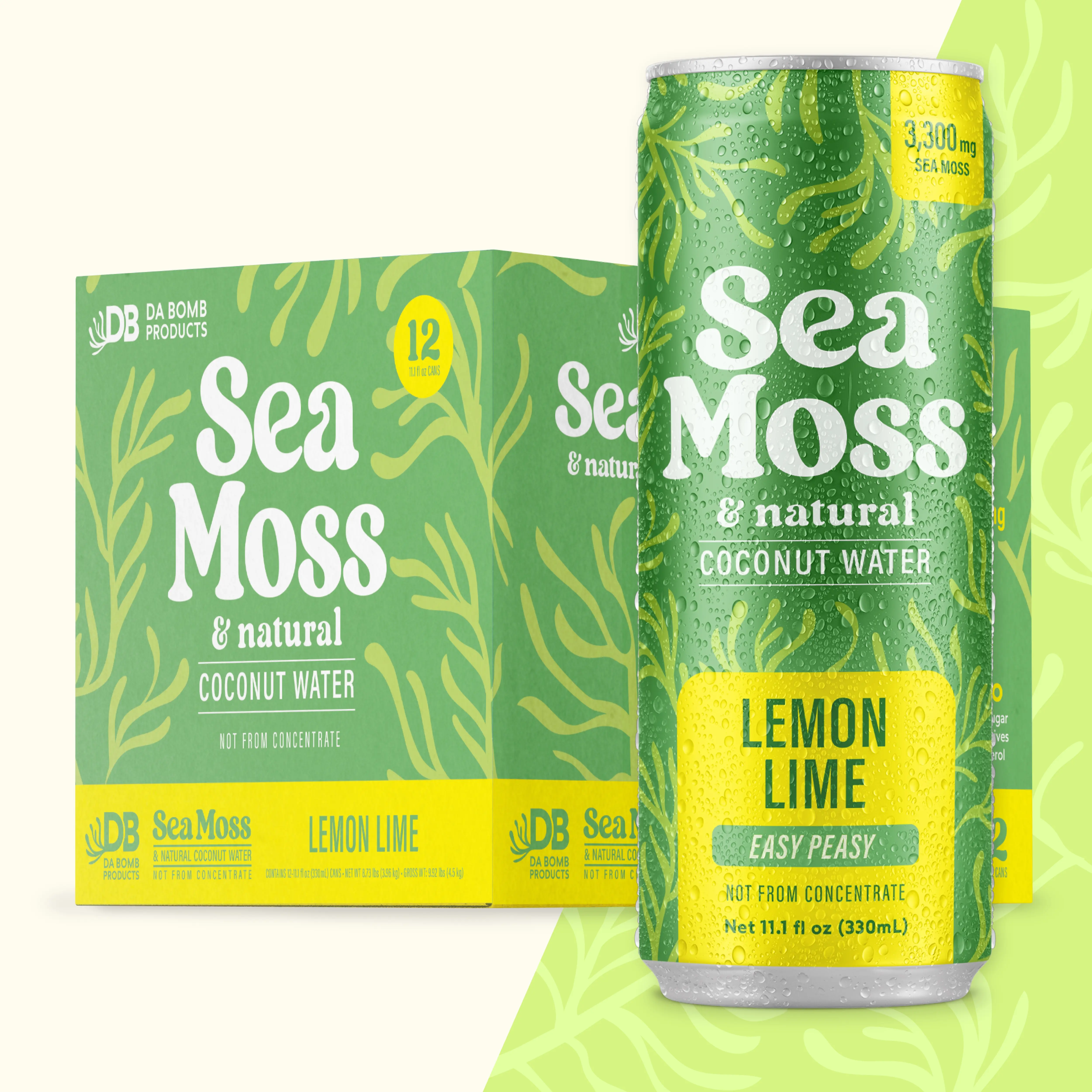 Da Bomb Natural Sea Moss Coconut Water Drink, 4-Pack 11.1 fl oz Cans, 3300 mg Sea Moss, Sugar-Free Gluten-Free Electrolyte Beverage, Non-GMO, Strawberry Lemon Lime Flavor, World-Class Hydration Support