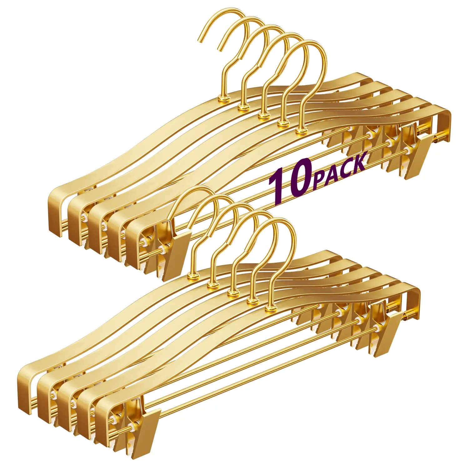WSJYKN 10-Pack Gold Iron 360-Degree Dual 2-in-1 Hangers & Pegs, Extra Wide Thick Durable Metal Pant Hangers with Quiet Dual Rubber Grip Adjustable Smooth Scratch-Resistant Clips for Denim, Balcony & Kids Home Organizer, Everyday Ease