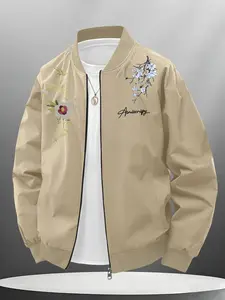 Trendy Men's Light Cherry Blossom Pattern Baseball Jacket, Casual Streetwear Style Outerwear, Long Sleeve H-Type Menswear Coat for All Seasons