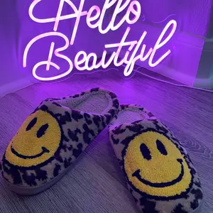 Leopard Smiley Face Happy Feet Cozy Slippers Slide Women Comfort Footwear Walking Shoes
