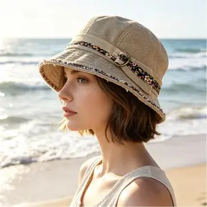 Women's Vintage Washed Denim Bucket Hat Summer Breathable Sun Protection Wide Brim Casual Outdoor Top Hat
