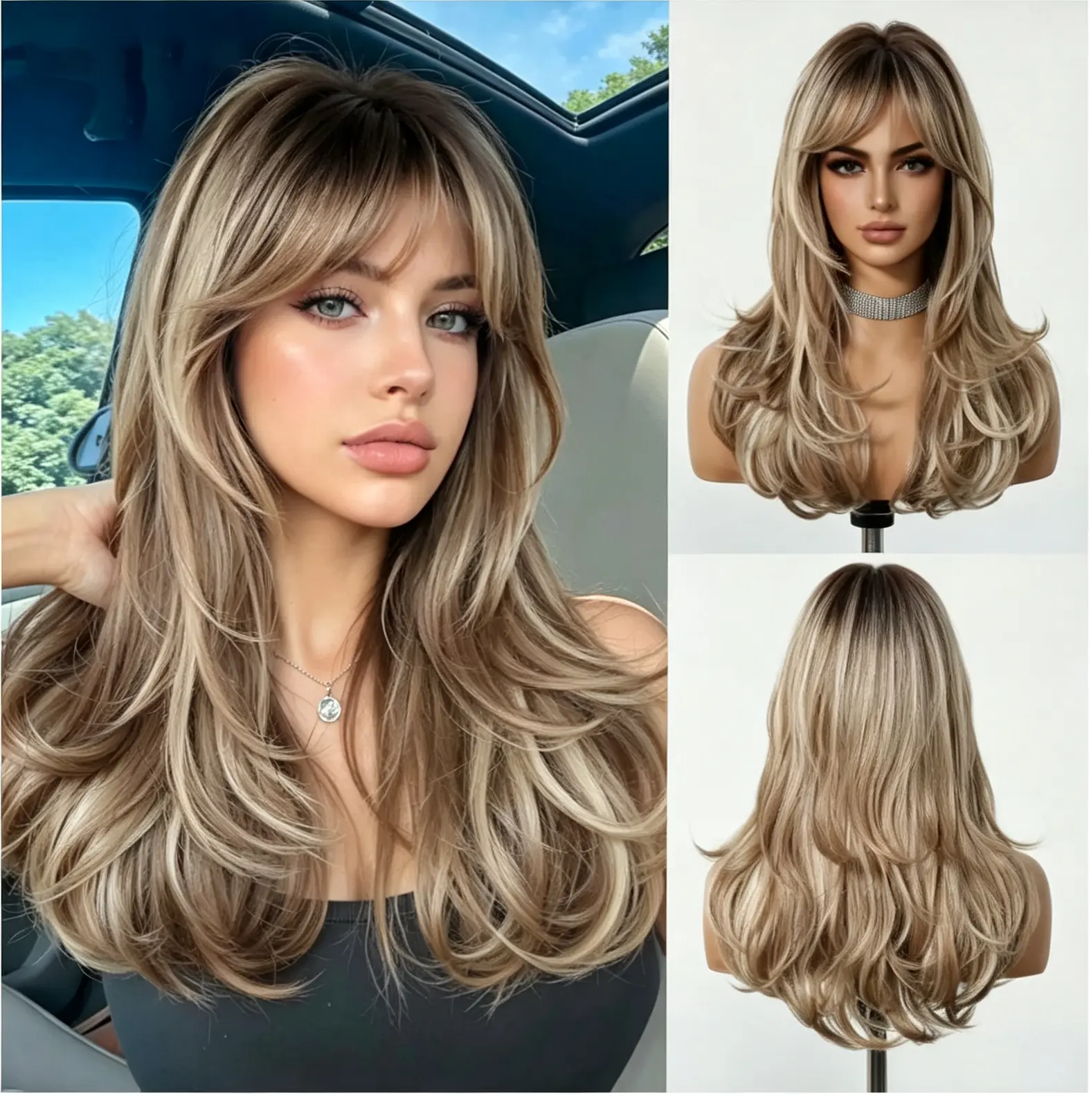 Ash Blonde Wavy Wig with Bangs for Women, Long Wavy Synthetic Body Wave Wig, Glueless Wigs Ready to Wear, Heat Resistant Wavy Wig Hairstyles，glueless wig beginners