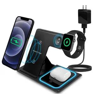 Foldable Multi-Device Wireless Charger Station 3 in 1 Fast Charging Dock Pad 2-in-1 Stand with Cord