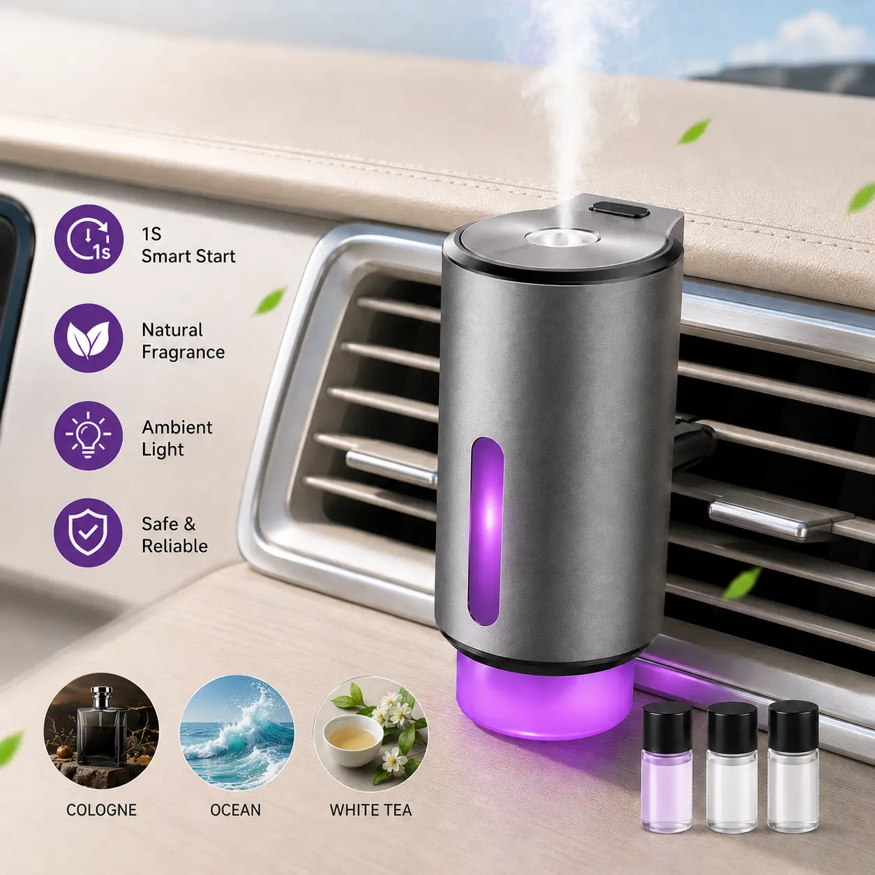 RGB Mood Light Smart Car Air Freshener Vent Diffuser - Clip-On Metallic Holder, USB-Powered Auto On/Off Portable Clip, USB Cable, Freshening Scent, Car Fragrance Set, Cute Auto Accessories, Ready-to-Gift Thoughtful Boujee Interior Accessory for Girls