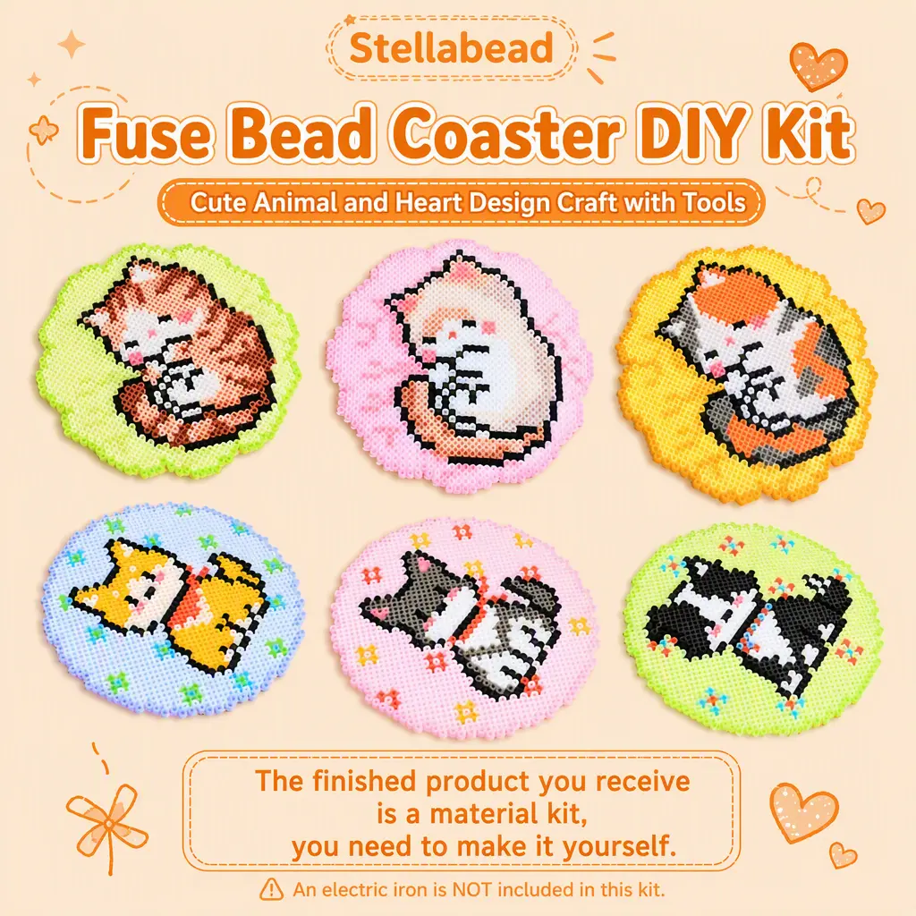 Stellabead Fuse Bead Coaster DIY Kit, Cute Animal and Heart Design Craft with Tools