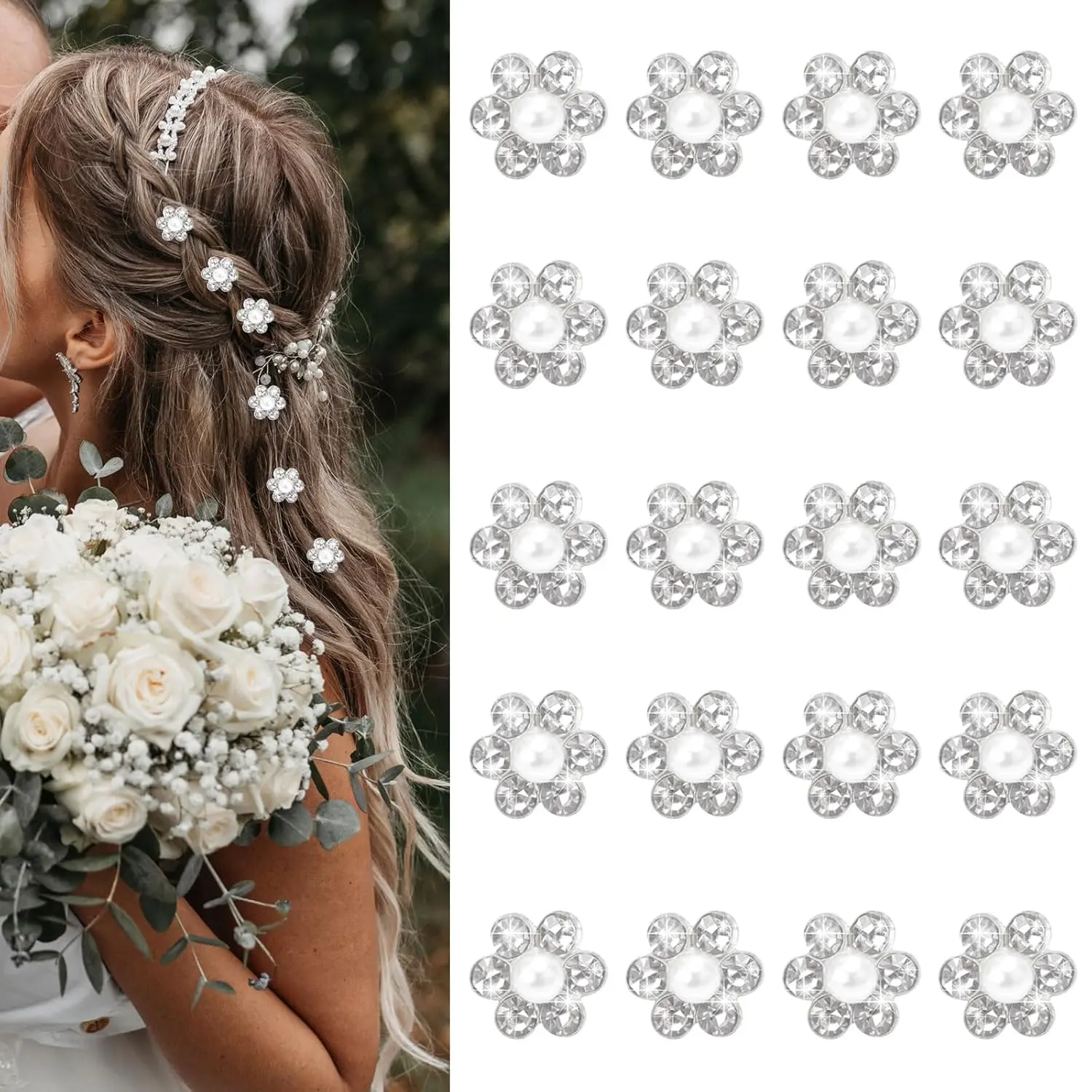 20 count Mini Rhinestone Flower Hair Clips Cute White Pearl Hair Pins Small Decorative Hair Clips Wedding Hair Barrettes Bridal Hair Accessories for  Women