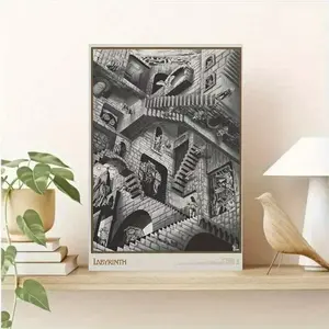 [2D Flat] M.C. Escher Labyrinth Wall Art - (Framed Frameless Poster Optional)Black & White Canvas Poster With Intricate Staircase Design, Ideal For Living Room, Bedroom, Or Office Decor, Contemporary Wall Art |   Escher Labyrinth Art |   Detailed Illustra