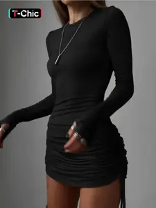 Bodycon Mini Dress, Sexy Pleated Ruched Long Sleeve Party Dress, Drawstring Design, Adjustable, Fit, Nightclub, Y2K Style, Gothic Street Fashion, Womenswear