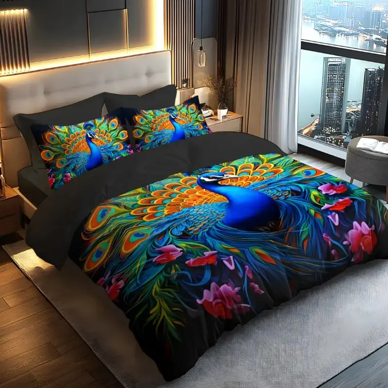 3-Piece Peacock Print Decorative Modern Bedroom Bedding Set, Soft Breathable Polyester Fabric, All-Season Use, Includes 1 Fitted Sheet + 2 Pillowcases