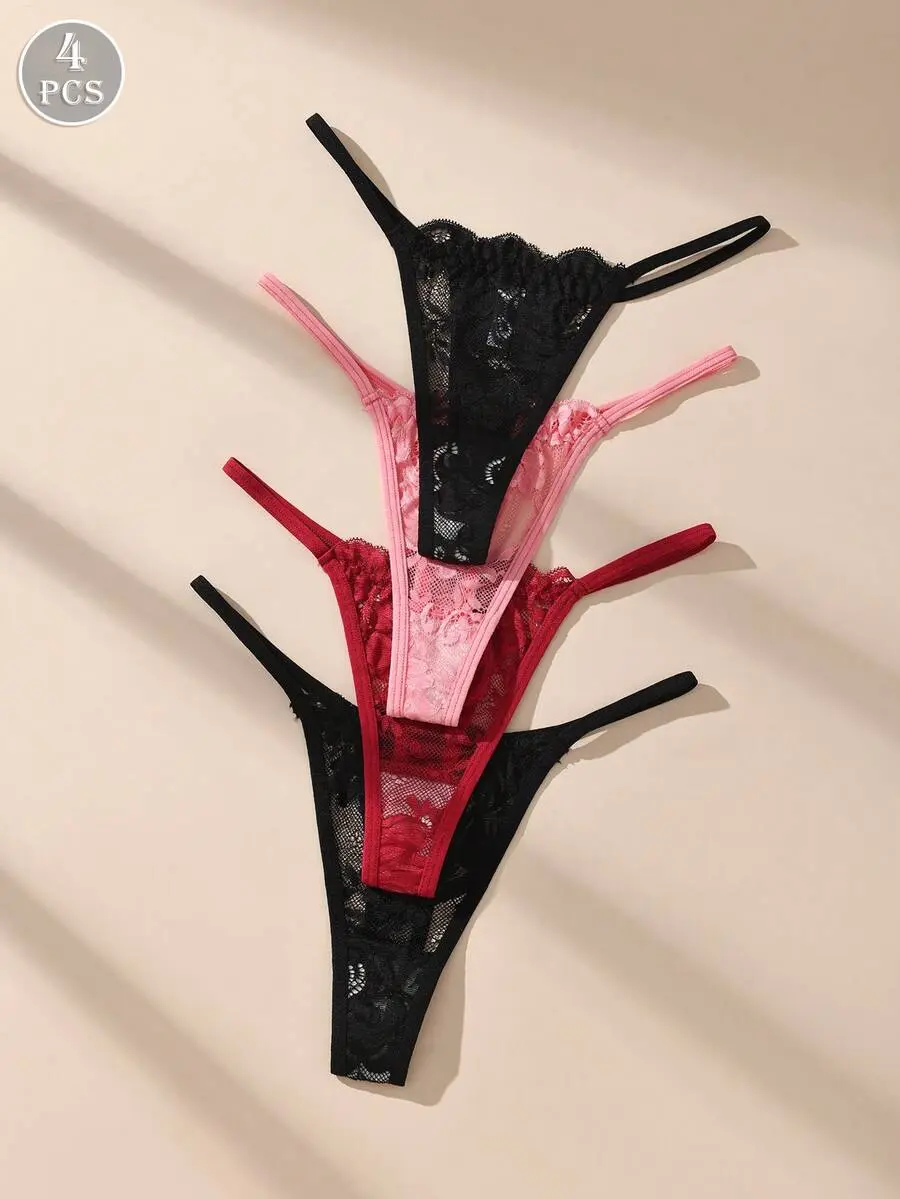 4pcs Multi-Color Lace Women's Thong Panties, Romantic Sexy Elastic Comfortable Breathable Women's Underwear