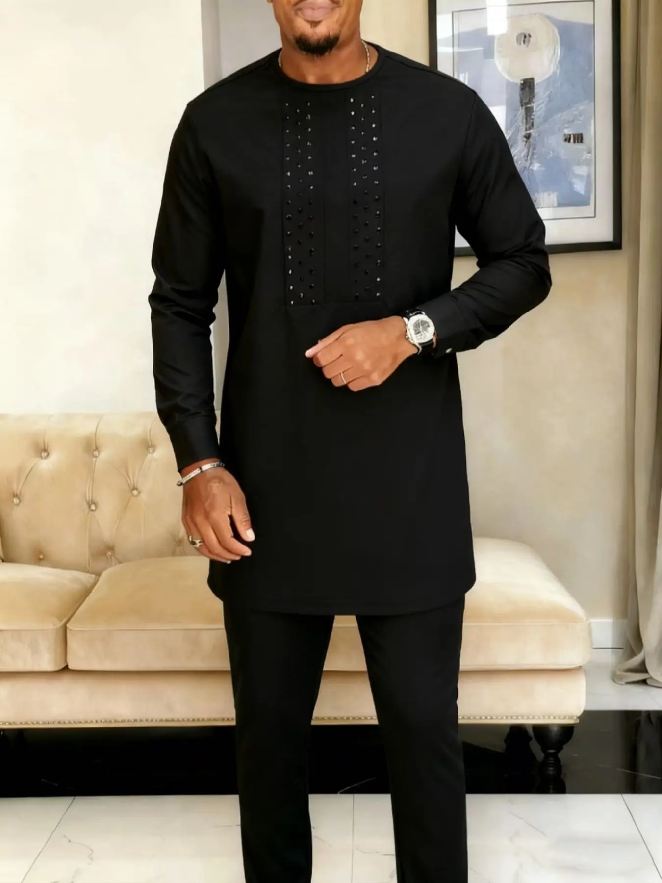 2 Piece Men's Suit Outfits, Kurta Muslim Style Modest Black Round Neck Long Sleeve Rhinestone Accents Design Kaftan African Casual Wedding Holiday Party Business Ramadan Gift Traditional Clothing H Type Silhouette