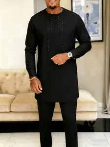 2 Piece Men's Suit Muslim Style Black Round Neck Long Sleeve Rhinestone Accents Design Kaftan African Men's Casual Suit Wedding Holiday Party Business Ramadan Gift Men's Traditional Clothing H Type Silhouette Regular Pants Length