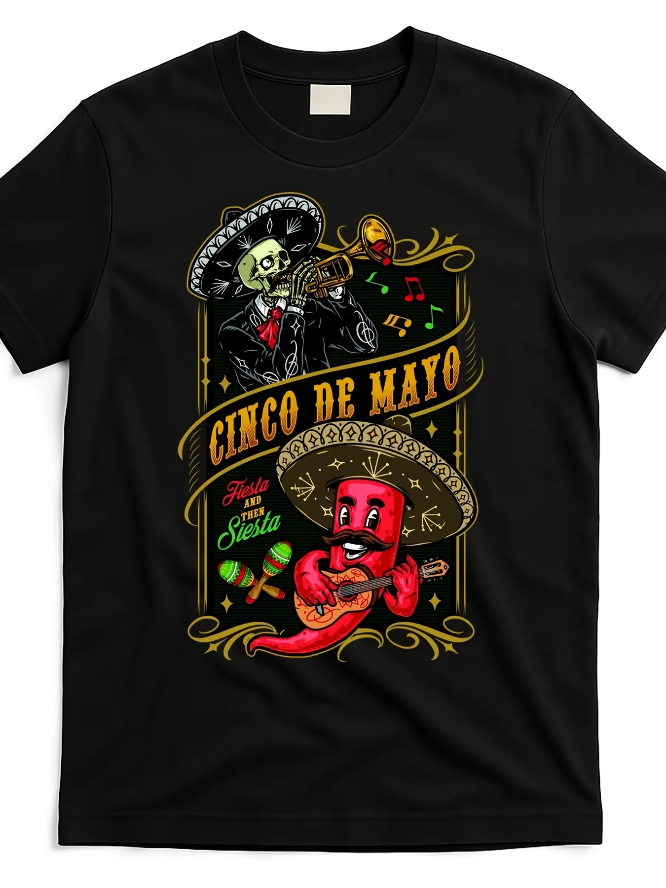 2026 Spring & Summer Collection Men's Cinco de Mayo Fiesta Graphic T-Shirt - Vibrant Mariachi Skeleton & Chili Pepper, Love Print, Short-Sleeve, Round Neck, Breathable Lightweight Casual Wear Tee, Black Menswear Top, Tshirt, Shortsleeve, Streetwear, Breat