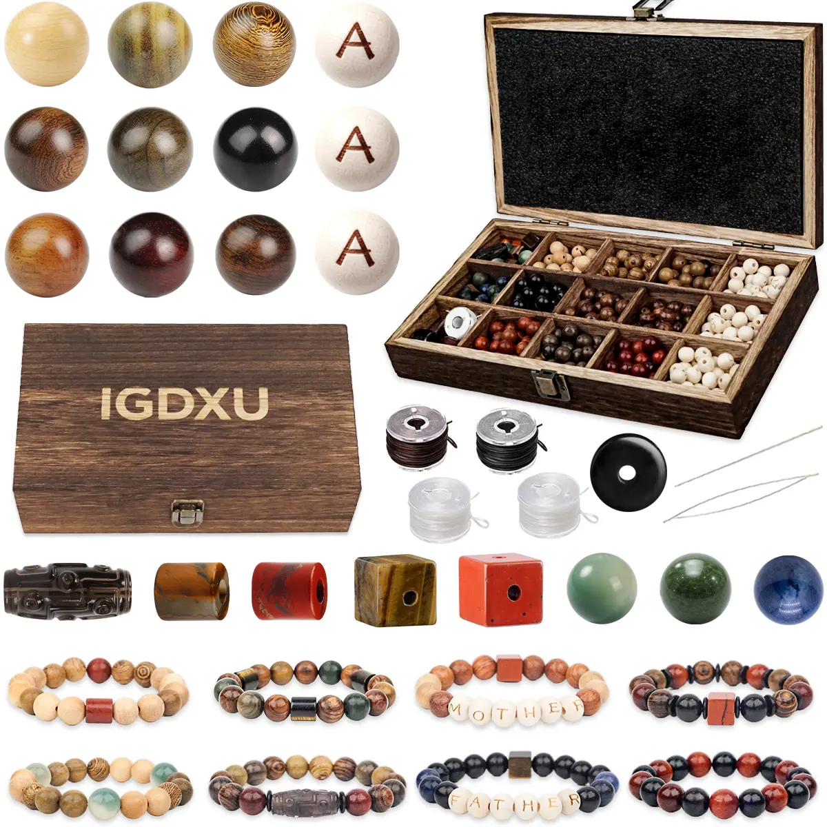 335PCS Wooden Beads Bracelet Making Kit – DIY Natural Wood Beads Jewelry Craft Set with Elastic Cord, Handmade Name Bracelet Supplies for Father’s Day, Mother’s Day, Friendship Gifts