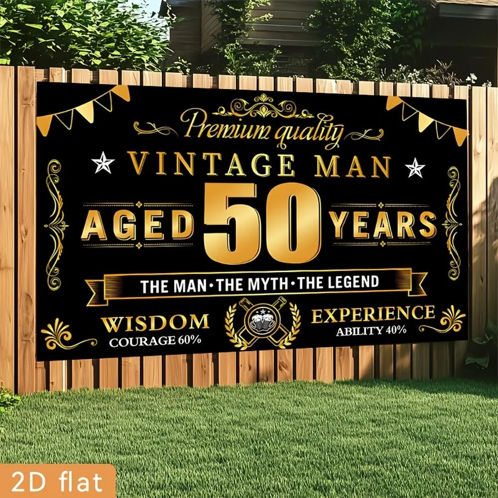 2D Flat Banner Polyester Indoor Photography Backdrop - HD Digitally Printed Black and Gold Foldable Cloth for 50th Birthday Vintage Man Events, Soft Lightweight Photo Booth Prop for Portraits, Birthday Party Themes