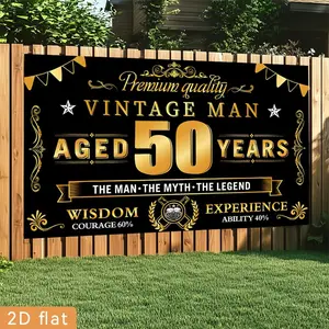 2D Flat Banner Polyester Photography Backdrop, HD Digitally Printed Black and Gold 50th Birthday Party Decoration Background Cloth, Soft Lightweight Foldable Photo Booth Prop for Vintage Man Themed Events, Portraits, and Studio Sh