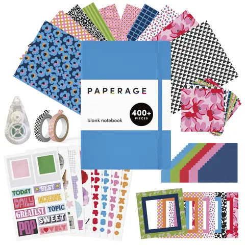 PAPERAGE Junk Journal Notebook & Scrapbooking Kit, Complete Stationery Set with 160-Page Blank Notebook, Sticker Sheets, Washi Tapes, Patterned Papers, Layering Supplies & Tape Roller, All-In-One Beginner Journaling Kit