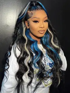 26 Inch Black Blonde Blue Highlights Body Wave Wig Heat Resistant Synthetic Hair Soft & Lightweight Natural Parting