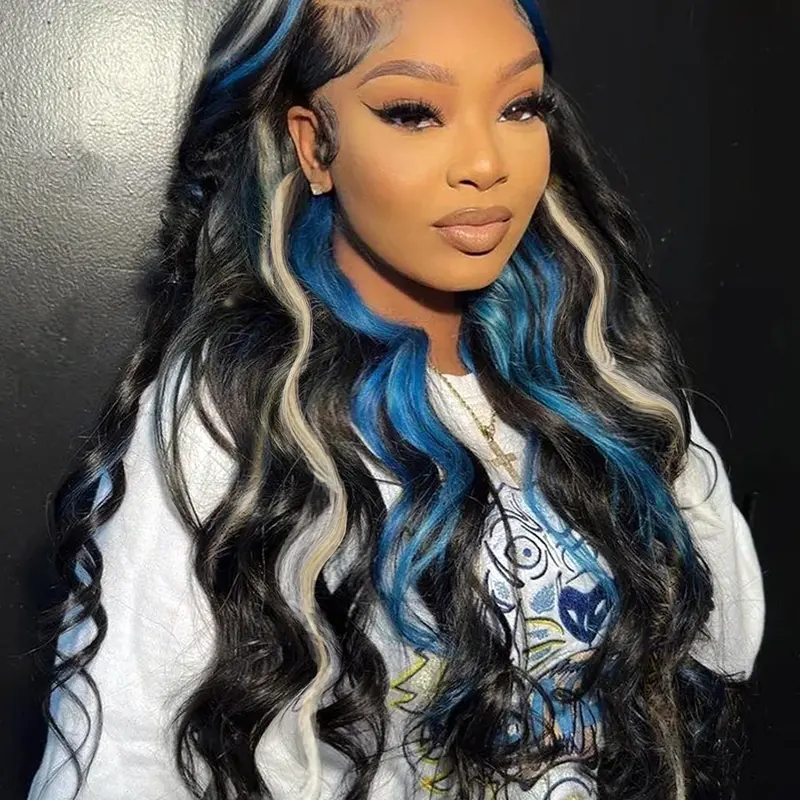 26 Inch Black Blonde Blue Highlights Body Wave Wig Heat Resistant Synthetic Hair Soft & Lightweight Natural Parting Wavy Wigs