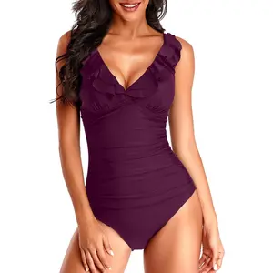 Women One Piece Swimsuits Tummy Control Bathing Suit Ruffle V Neck Swimwear Slimming Monokini