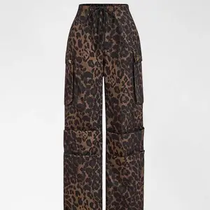 Women’s Leopard Print Cargo Pants - Drawstring Waist, Multi-Pocket Wide Leg Trousers