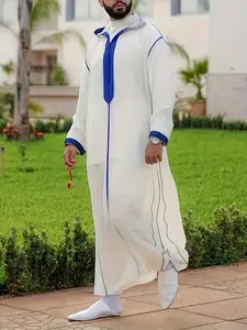 Men's Loose Moroccan Thobe – Modern White Hooded Djellaba with Blue Stripe, Long Sleeve Islamic Robe for Ramadan & Everyday Wear