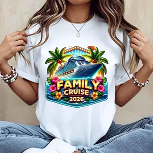 Family Cruise 2026 Summer Vacation Cruise Ship Tropical Paradise Design Cotton Casual Crew Neck Short Sleeve T-Shirt for Women and Men Machine Washable Not Dry Clean Made in USA