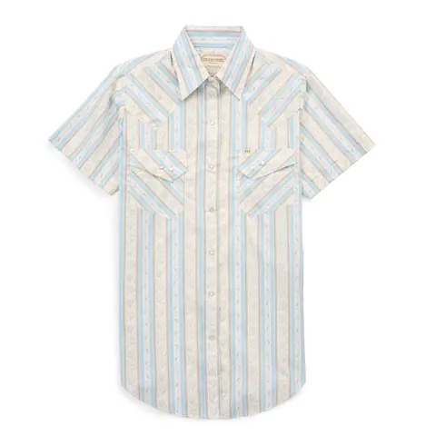 Women's Biker Cotton Top - Blue Short-Sleeve, Spurs Print, Granddaddy Snap, Loose-Fitting, Pen Hole, Flap Pocket, Front & Back Yokes, Y-Type Design, Western Clothing for Rodeo