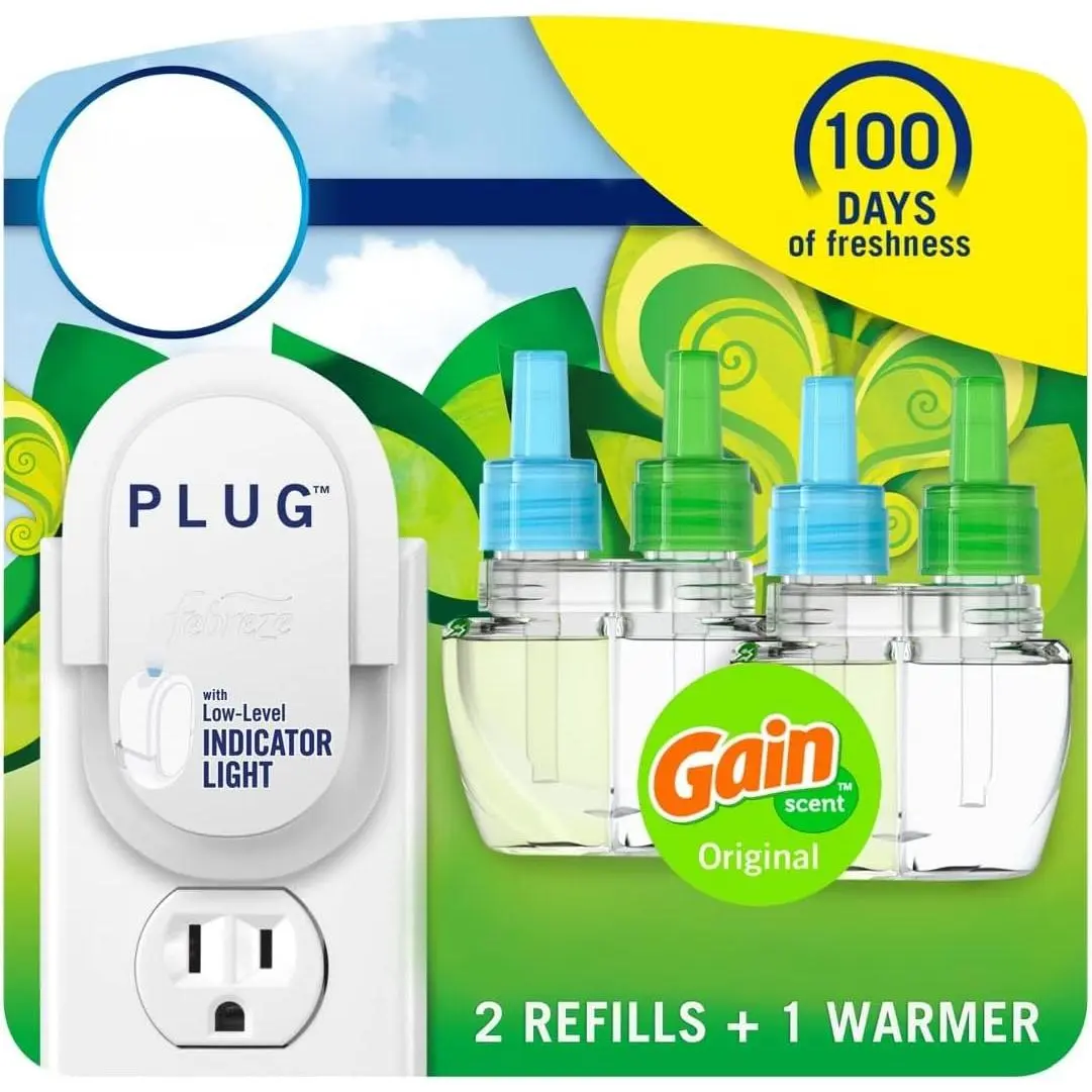 Gain Original Scent Plug-In Home Fragrance Aromatizer Starter Kit - Odor-Fighter Scented Oil Warmer (Includes Warmer), 2 Refills, Long-Lasting for Strong Odors, for Home & Bathroom Indoors Use